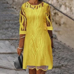 Women's Plus Size Curve Casual Dress Shift Dress Solid Color Round Neck Lace 3/4 Length Sleeve Fall Spring Dress Work Casual Daily Midi Dress -HANs Plus Size Style Shop zjlbci1658225007379