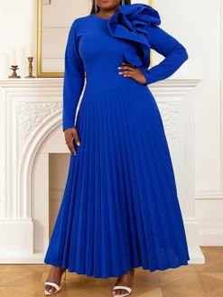 Women's Plus Size Curve Party Dress Work Dress Swing Dress Plain Long Dress Maxi Dress Long Sleeve Pleated Ruffle Crew Neck Fashion Party Blue Fall Winter XL XXL 3XL 4XL -HANs Plus Size Style Shop zjoslx1694425968672