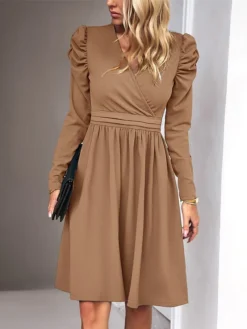 Women's Casual Dress Plain Dress Empire Waist Dresses Midi Dress Ruched Outdoor Daily Holiday Fashion Modern V Neck Long Sleeve 2023 Regular Fit Black Green Khaki Color S M L XL Size -HANs Plus Size Style Shop zkpzzb1692081750408