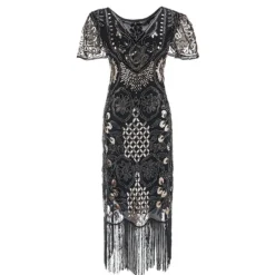 Women's Retro 1920s Fringe Dress Midi Dress Party Halloween Sequins Tassel Fringe Floral V Neck Short Sleeve Regular Fit Spring Fall 2023 Silver Red S M L XL -HANs Plus Size Style Shop zkqlxd1692856708986