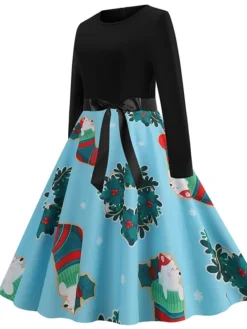 Women's Christmas Casual Dress Swing Dress Vintage Dress Midi Dress Green Blue Light Red Long Sleeve Santa Claus Bow Winter Fall Autumn V Neck Slim 2022 S M L XL XXL 3XL -HANs Plus Size Style Shop zlcjlq1666776948166