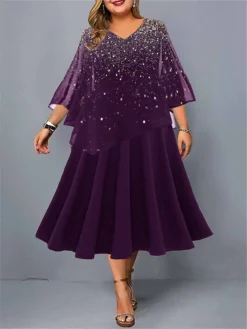 Women's Plus Size Curve Party Dress Cocktail Dress Swing Dress Gradient Midi Dress 3/4 Length Sleeve Layered Print Crew Neck Fashion Party Purple Fall Winter L XL XXL 3XL 4XL