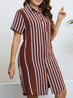 Women‘s Plus Size Curve Shirt Dress Casual Dress Shift Dress Midi Dress Outdoor Daily Vacation Polyester Fashion Modern Shirt Collar Button Pocket Short Sleeve Summer Spring 2023 Regular Fit -HANs Plus Size Style Shop zlijes1691465815364