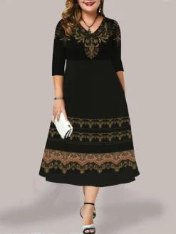 Women's Plus Size Curve Casual Dress Work Dress Swing Dress Floral Long Dress Maxi Dress 3/4 Length Sleeve Pocket Print V Neck Fashion Outdoor Black Yellow Fall Winter L XL XXL 3XL 4XL -HANs Plus Size Style Shop zliqkf1694594864725