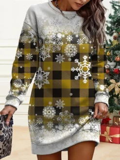 Women's Christmas Casual Dress Sweatshirt Dress Mini Dress Warm Fashion OutdoorVacation Crew Neck Print Geometric Snowflake Loose Fit Burgundy Brown Green S M L XL XXL -HANs Plus Size Style Shop zlszyq1695621066307