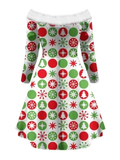 Women's Christmas Swing Dress Vintage Dress Mini Dress Green Blue Light Green Beige Gray Black Long Sleeve Santa Claus Snowman Snowflake Backless Feather Print Winter Fall Off Shoulder Stylish Elegant -HANs Plus Size Style Shop zmhprr1666343935760