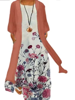 Women‘s Plus Size Curve Two Piece Dress Floral Crew Neck Print Long Sleeve Winter Fall Casual Maxi Long Dress Casual Daily Dress -HANs Plus Size Style Shop zmjluh1653978257967