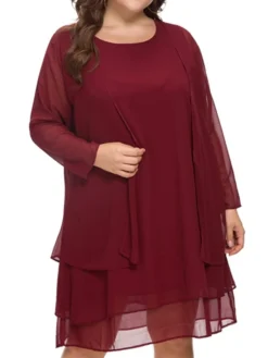 Women‘s Plus Size Curve Casual Dress Solid Color Crew Neck Mesh Long Sleeve Spring Fall Casual Knee Length Dress Daily Vacation Dress -HANs Plus Size Style Shop zmpznh1652432917837