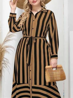 Women's Plus Size Curve Shirt Dress Casual Dress Midi Dress Outdoor Daily Vacation Polyester Fashion Classic Shirt Collar Lace Up Button Long Sleeve Spring Fall Winter Loose Fit Yellow Striped L XL -HANs Plus Size Style Shop zmrbku1693210757986