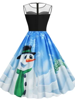 Women's Christmas Casual Dress Swing Dress Midi Dress Blue Royal Blue Dark Blue Light Blue Sleeveless Santa Claus Snowman Mesh Print Winter Fall Crew Neck Vacation Vintage 2022 S M L XL XXL -HANs Plus Size Style Shop zmuidq1666597371971