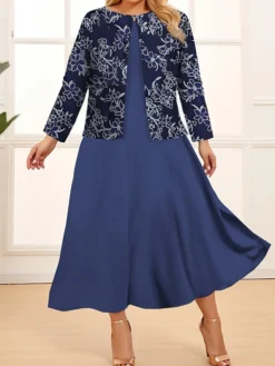 Women's Plus Size Curve Two Piece Dress Set Casual Dress Swing Dress Outdoor Office Fashion Streetwear Print Midi Dress Crew Neck Long Sleeve Floral Wine Navy Blue Royal Blue Spring Fall L XL