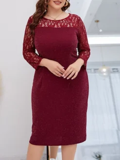 Women‘s Plus Size Curve Party Dress Lace Dress Cocktail Dress Midi Dress Wine Long Sleeve Pure Color Lace Spring Fall Winter Crew Neck Fashion Winter Dress Birthday Wedding Guest 2023