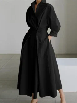 Women's Shirt Dress Casual Dress Swing Dress Maxi Long Dress Outdoor Office Holiday Polyester Basic Modern Shirt Collar Ruched Pocket Long Sleeve Summer Spring Fall 2023 Regular Fit Black Army Green