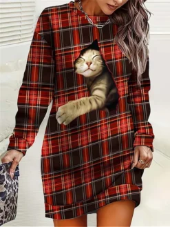 Women‘s Christmas Casual Dress Sweatshirt Dress Mini Dress Warm Fashion Outdoor Vacation Crew Neck Print Animal Geometric Loose Fit Burgundy S M L XL XXL