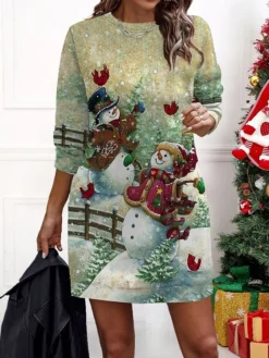 Women‘s Christmas Casual Dress Sweatshirt Dress Mini Dress Warm Fashion Outdoor Holiday Crew Neck Print Geometric Snowman Loose Fit Black Yellow Wine S M L XL XXL -HANs Plus Size Style Shop zoiumu1695636472527