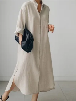 Women's Shirt Dress Casual Dress Linen Dress Maxi Long Dress Winter Dress Daily Holiday Polyester Casual Mature Shirt Collar Zipper Button Long Sleeve Summer Spring Fall 2023 Loose Fit Black Navy -HANs Plus Size Style Shop zoubxa1655346767965