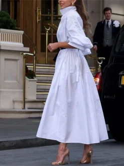 Women's Casual Dress Winter Dress Swing Dress Long Dress Maxi Dress Ruched Pocket Outdoor Street Daily Fashion Streetwear V Neck Long Sleeve 2023 Loose Fit White Color S M L Size -HANs Plus Size Style Shop zpbakg1694088082777