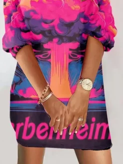 Women's Casual Dress Sweatshirt Dress Print Dress Abstract Print V Neck Mini Dress Fashion Streetwear Outdoor Daily 3/4 Length Sleeve Loose Fit Light Pink Blush Pink Purple Fall S M L XL XXL -HANs Plus Size Style Shop zpbgry1693825327422