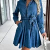 Women's Denim Dress Casual Dress Mini Dress Denim Fashion Casual Outdoor Daily Shirt Collar Button Drawstring Long Sleeve Spring Fall Winter 2023 Loose Fit Blue Plain S M L XL