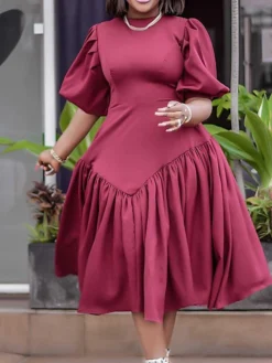 Women‘s Plus Size Curve Work Dress Solid Color V Neck Half Sleeve Spring Fall Stylish Work Formal Knee Length Dress Formal Going Out Dress -HANs Plus Size Style Shop zplxgj1664183295831