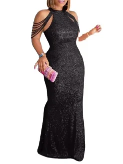 Women‘s Plus Size Curve Party Dress Sequin Dress Solid Color Turtleneck Sequins Sleeveless Spring Fall Elegant Formal Maxi Long Dress Formal Party Dress Sequin Dress -HANs Plus Size Style Shop zpwwwu1663740648076