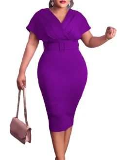 Women‘s Plus Size Curve Easter Dress Work Dress Solid Color V Neck Short Sleeve Spring Dress Fall Work Formal Knee Length Dress Date Vacation Dress -HANs Plus Size Style Shop zpzoab1661334437263