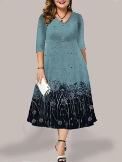Women's Plus Size Curve Casual Dress Work Dress Swing Dress Floral Long Dress Maxi Dress 3/4 Length Sleeve Pocket Print V Neck Fashion Outdoor Black Blue Fall Winter L XL XXL 3XL 4XL -HANs Plus Size Style Shop zqcudc1694594864339