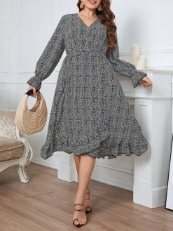 Women's Plus Size Party Dress Wedding Guest Dress Peplum Dresses Midi Dress Black Long Sleeve Print Ruffle Spring Fall Winter V Neck Fashion Winter Dress Evening Party Wedding Guest 2023 XL XXL 3XL