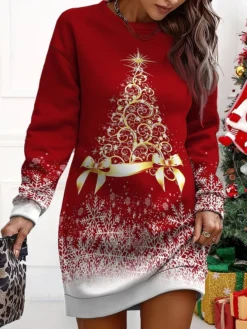 Women's Christmas Casual Dress Sweatshirt Dress Mini Dress Warm Fashion OutdoorVacation Crew Neck Print Snowman Loose Fit Yellow Wine Navy Blue S M L XL XXL