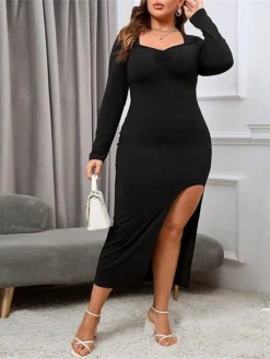 Women's Plus Size Curve Party Dress Winter Dress Black Dress Plain Midi Dress Long Sleeve Split V Neck Fashion Party Black Fall Winter XL XXL 3XL