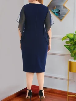 Women's Plus Size Curve Party Dress Wedding Guest Dress Bodycon Midi Dress Dark Blue Short Sleeve Striped Mesh Summer Spring Fall Crew Neck Fashion Wedding Guest Vacation 2023 L XL XXL 3XL 4XL -HANs Plus Size Style Shop zqswul1692169270685