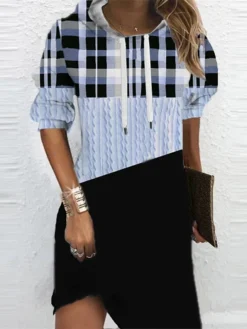 Women‘s Christmas Hoodie Dress Shift Dress Mini Dress Blue Pink Fuchsia Long Sleeve Plaid Print Fall Spring Hooded Daily Vacation Loose Fit 2022 S M L XL XXL 3XL -HANs Plus Size Style Shop zquxtp1667470117555