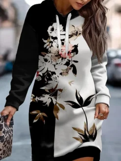 Women's Casual Dress Hoodie Dress Mini Dress Warm Fashion Outdoor Holiday Vacation V Neck Print Floral Loose Fit Red Blue Orange S M L XL XXL