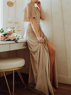 Women's Christmas Dress Casual Dress Velvet Dress Long Dress Maxi Dress Lace Up Split Outdoor Christmas Daily Fashion Elegant V Neck Short Sleeve 2023 Regular Fit Black Wine Gold Color S M L XL XXL -HANs Plus Size Style Shop zrgjsv1693897063045