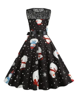 Women‘s Christmas Retro 1950s Vintage Dress Midi Dress Party Patchwork Bow Santa Claus Crew Neck Sleeveless Regular Fit Fall Winter 2023 Black White S M L XL -HANs Plus Size Style Shop zrgyiu1694501420284