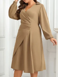 Women's Plus Size Curve Work Dress A Line Dress Plain Midi Dress Long Sleeve Ruched V Neck Fashion Office Khaki Fall Winter XL XXL 3XL 4XL -HANs Plus Size Style Shop zrjlxq1695279808387