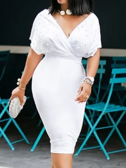 Women‘s Plus Size Curve Easter Dress Work Dress Pure Color V Neck Short Sleeve Spring Fall Work Knee Length Dress Work Dress -HANs Plus Size Style Shop zrkhxn1663320354530