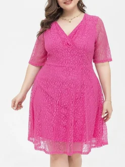 Women's Plus Size Curve Party Dress Lace Dress Cocktail Dress Midi Dress Fuchsia Half Sleeve Pure Color Lace Summer Spring Fall V Neck Fashion Birthday Wedding Guest Vacation 2023 XL XXL 3XL 4XL -HANs Plus Size Style Shop zrssji1692157189634