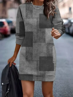 Women's Casual Dress Sweatshirt Dress Mini Dress Warm Fashion Outdoor Vacation Going Out Crew Neck Print Geometric Loose Fit Blue Purple Brown S M L XL XXL -HANs Plus Size Style Shop zruace1695891266886