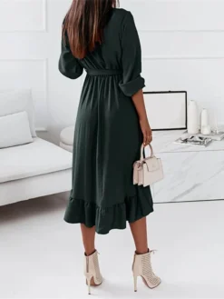 Women‘s Curve Sheath Dress Knee Length Dress Green Black Pink Light Blue Long Sleeve Solid Color Lace Up Ruffle Plus High Low Fall Spring V Neck Elegant Vintage Party Loose 2023 S M L XL XXL 3XL -HANs Plus Size Style Shop zrwfya1635330870559