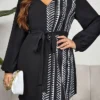 Women's Plus Size Curve Casual Dress Sheath Dress Black Dress Geometric Midi Dress Long Sleeve Lace Up Print V Neck Fashion Outdoor Black Fall Winter XL XXL 3XL 4XL