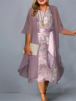 Women‘s Plus Size Curve Casual Dress Dress Set Two Piece Dress Floral Midi Dress 3/4 Length Sleeve Crew Neck Fashion Daily Pink Wine Summer Spring L XL XXL 3XL 4XL