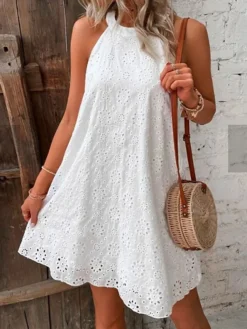 Women's Casual Dress Cut Out Dress White Dress Plain Hollow Out Halter Mini Dress Active Fashion Outdoor Daily Sleeveless Regular Fit White Summer Spring S M L XL XXL -HANs Plus Size Style Shop zsfksz1679307874174