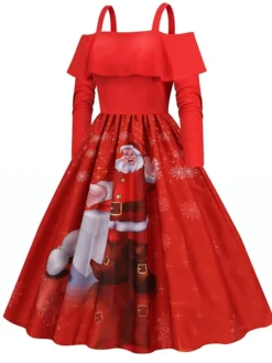 Women's Christmas Swing Dress Slip Dress Vintage Dress Midi Dress Black Wine Light Red Long Sleeve Santa Claus Cold Shoulder Winter Fall Autumn Spaghetti Strap Modern Vacation 2022 S M L XL XXL 3XL -HANs Plus Size Style Shop zsjlrk1667793479025