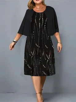 Women‘s Plus Size Curve Two Piece Dress Set Work Dress Print Dress Outdoor Office Fashion Work Print Midi Dress Crew Neck 3/4 Length Sleeve Polka Dot Regular Fit Black Apricot Fall Winter L XL XXL 3XL -HANs Plus Size Style Shop zsvzsf1691400389696