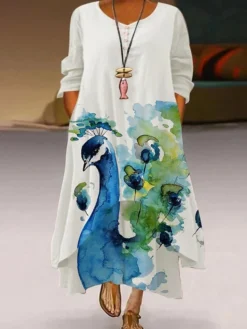 Women‘s Plus Size Curve Holiday Dress Print Crew Neck Long Sleeve Fall Winter Casual Vintage Maxi Long Dress Daily Dress -HANs Plus Size Style Shop ztfeyk1637670716872