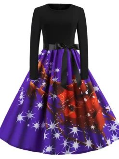 Women's Christmas Swing DressKnee Length Dress Green Blue Purple Red Long Sleeve Print Snowflake Bow Print Fall Winter Crew Neck Stylish 2022 S M L XL 2XL -HANs Plus Size Style Shop ztgtbg1658813908133