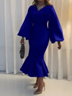 Women‘s Plus Size Curve Party Dress Solid Color V Neck Ruched Puff Sleeve Long Sleeve Winter Fall Casual Maxi Long Dress Party Vacation Dress Sheath Dress Black Dress -HANs Plus Size Style Shop ztgulu1649744192562