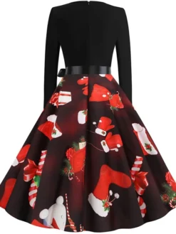 Women's Christmas Knee Length Dress Wine Green Orange Black Red Brown Navy Blue Long Sleeve Print Bow Print Fall Winter V Neck Casual Vintage2021 S M L XL XXL 3XL -HANs Plus Size Style Shop ztuira1629971431587