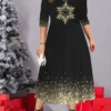 Women's Christmas Plus Size Curve Casual Dress Work Dress Swing Dress Snowman Snowflake Midi Dress Half Sleeve Pocket Print V Neck Fashion Outdoor Red Gold Fall Winter L XL XXL 3XL 4XL